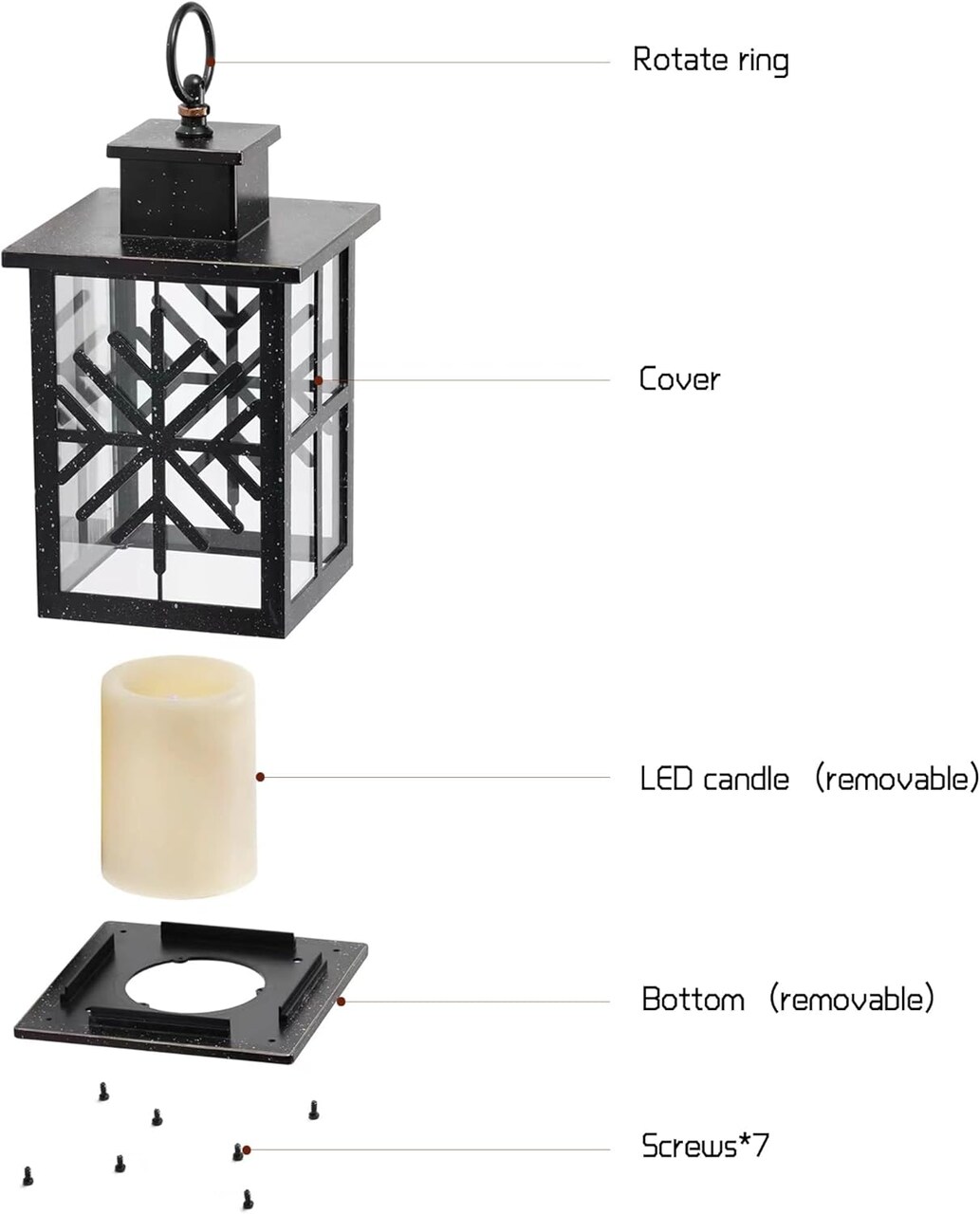 11 High ABS and Glass Decorative Hanging Lanterns, Set of 2 - Black Lanterns with LED Flickering Candles, 6-Hour Timer, Battery Powered, Snowflake Pattern for Christmas - Ideal for Indoor Tab